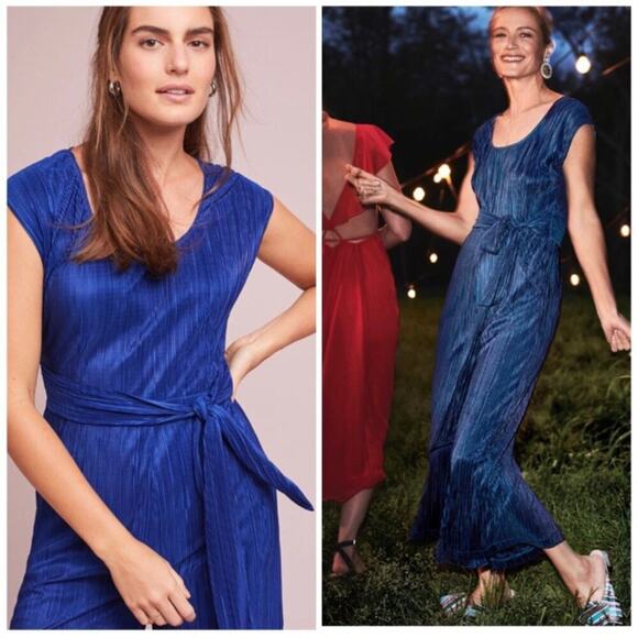 EUC Anthropologie Maeve Sonata Blue Crinkle Shimmer Pantsuit Jumpsuit 4 - Picture 2 of 14